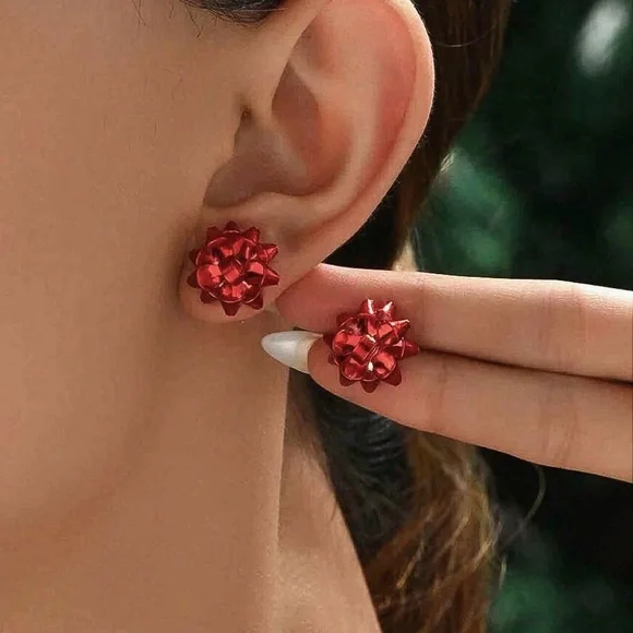 Red Christmas Holiday Bow Stud Earrings - Picture 1 of 4